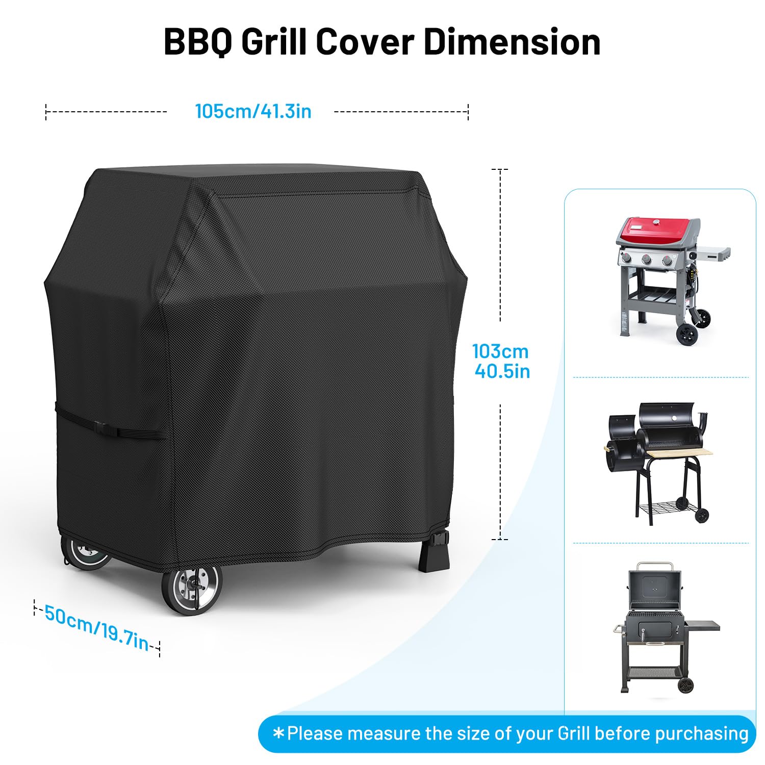 Grillabdeckung Wetterfest (105x50x103cm) 600D Oxford mit verstellbaren Schnallen, Drastring, Winddicht, BBQ Abdeckung, Anti-UV Grillabdeckung Abdeckung Grill