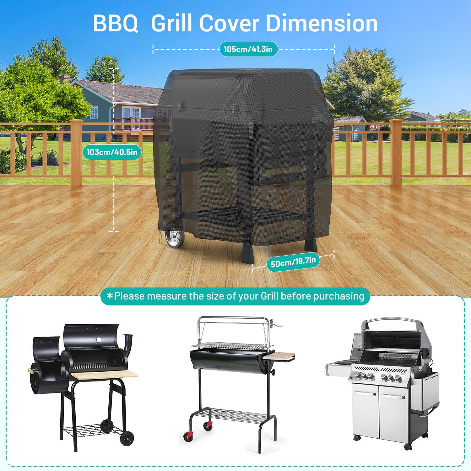 Grill Abdekchabe 105x50x103cm, Wasserdicht, Winddicht, UV-Beständig, Reißfest, 600D Oxford Tuch BBQ Abdeckung Cover, Grillabdeckung mit Schnalle und Kordelzug