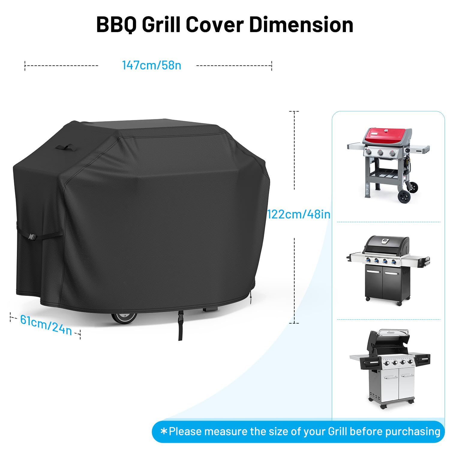 Grillabdeckung Wetterfest (147x61x122cm) 600D Oxford mit verstellbaren Schnallen, Drastring, Winddicht, BBQ Abdeckung, Anti-UV Grillabdeckung Abdeckung Grill