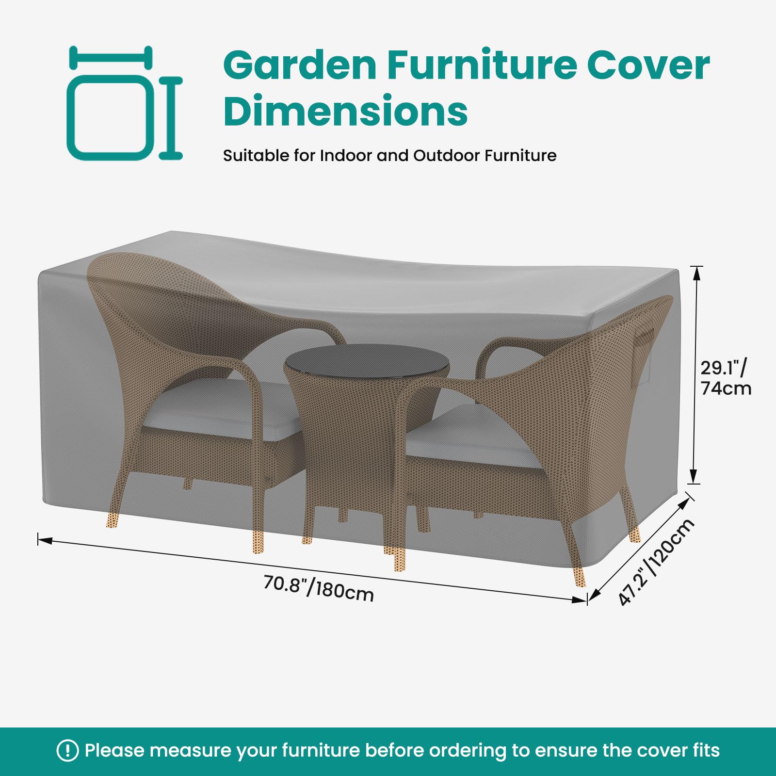 Abdeckung für Gartenmöbel (180x120x74cm), Wasserdicht, 600D Oxford Gewebe, Rechteckig Abdeckplane Gartenmöbel, Schwarz, Regenschutz Staubfest, für Sofa Staubdicht, Tisch, Gartentische, Stühle