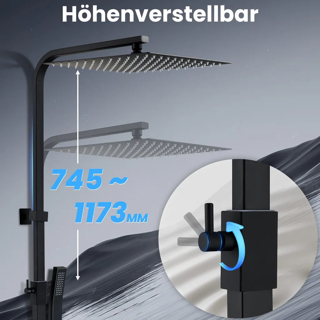 Duschsystem mit Thermostat Homelody Schwarz,Duschgarnitur Verschiedene Strahlarten,Regendusche Eckig,Brausethermostat mit Verbrühungsschutzventil