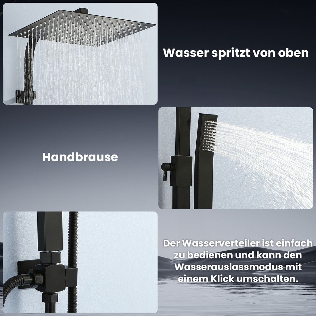 Duschsystem mit Thermostat Homelody Schwarz,Duschgarnitur Verschiedene Strahlarten,Regendusche Eckig,Brausethermostat mit Verbrühungsschutzventil