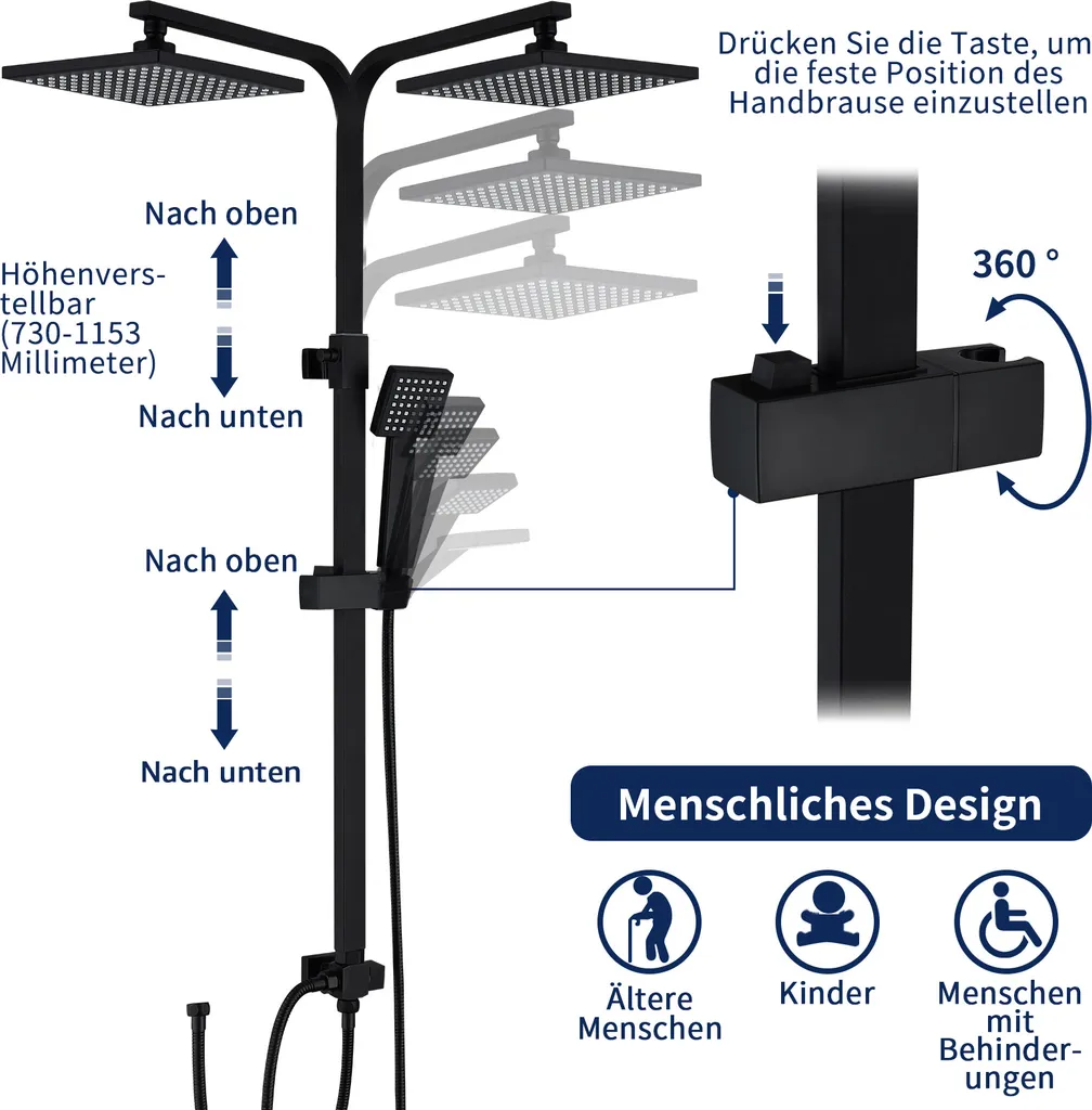 Homelody Duschsystem Schwarz Regendusche Duschset ohne Armatur mit Überkopfbrause Handbrause Duschsäule Duschsystem mit Umsteller eckig Duschsäule für Badezimmer, schwarz