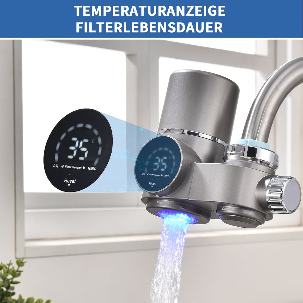 AiHom Wasserfilter für Wasserhahn mit Blaulicht-Sterilisation, Wasserfilter für Standard-Wasserhähne mit 2 Pack Wasserfilter Cartridges