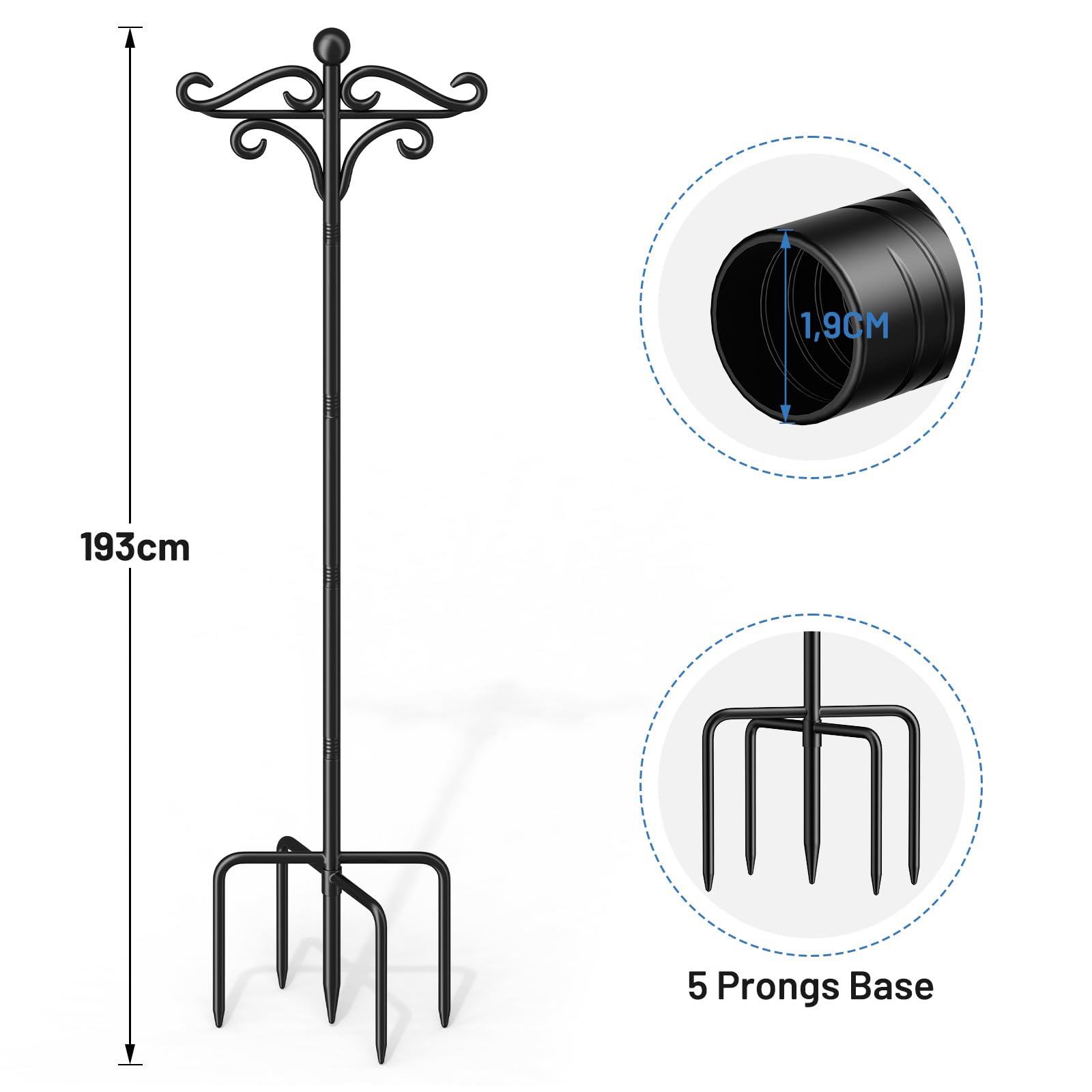 2 Pack 193CM-Schäferhaken mit 5-Zinken-Basis,Doppelter Hirtenhaken, verstellbare, robuste Vogelfutterstation-Aufhänger zum Aufhängen von Vogelfutterstation, Pflanze, Laterne im Freien