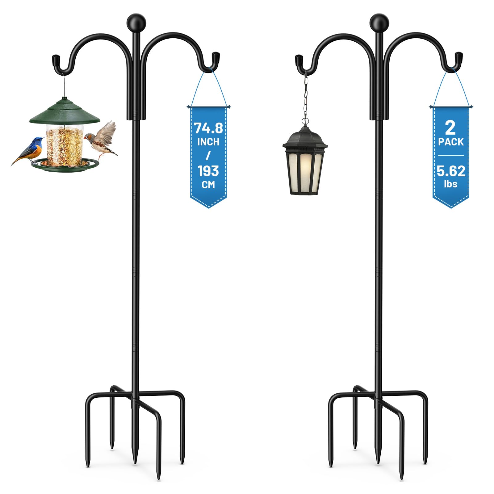 Garden Schäferhaken 2 Stück 193cm Mit Heavy Duty Rust Resistant Haken 5 Prong Base Shepherds Crook Hook für Pflanzenkörben, Laternen, Hochzeitsdekoration