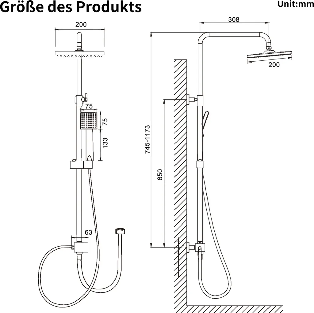 Homelody Duschsystem Schwarz Regendusche Duschset ohne Armatur mit Überkopfbrause Handbrause Duschsäule Duschsystem mit Umsteller eckig Duschsäule für Badezimmer, schwarz