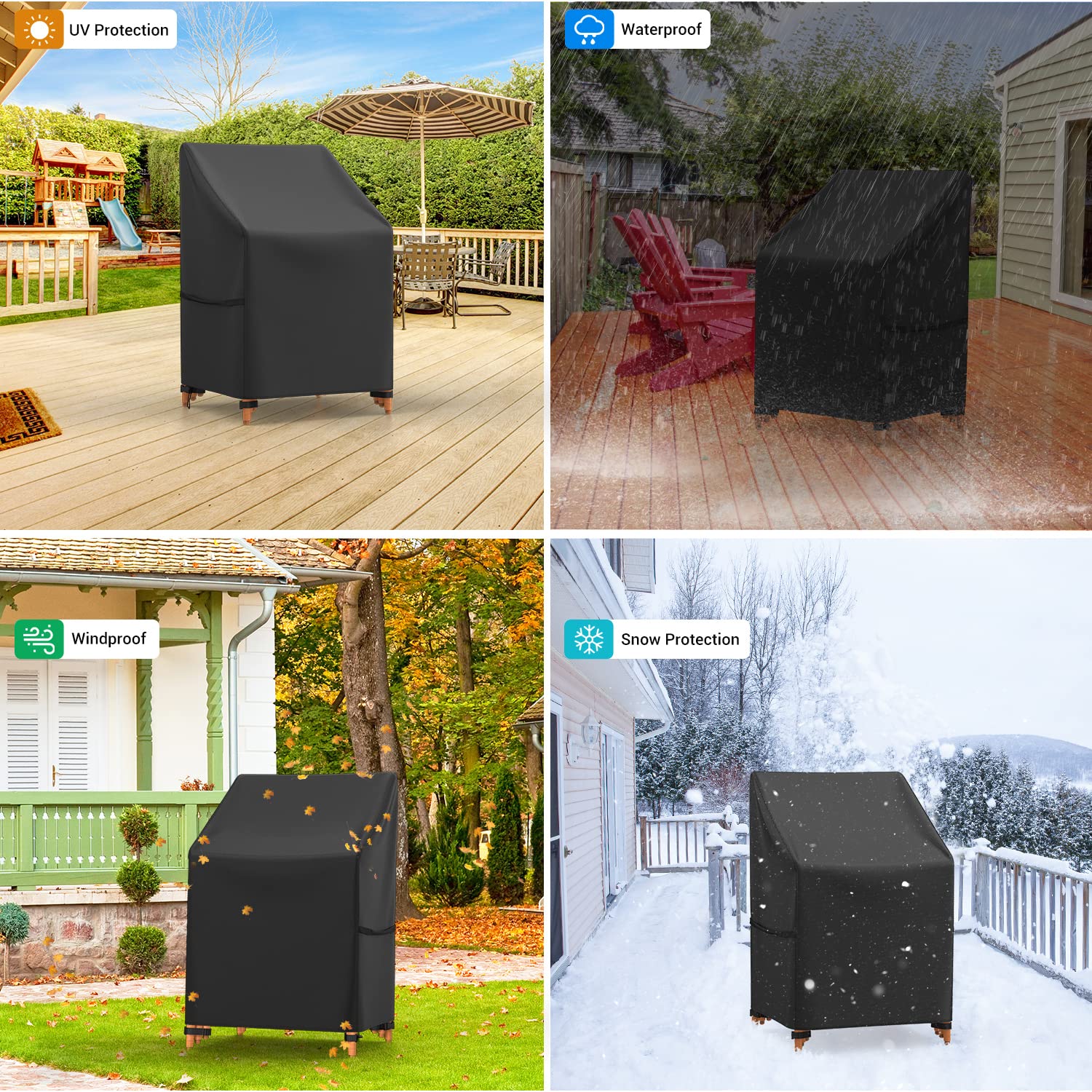 Gartenstuhl Abdeckung wasserdicht 70x70x85/125cm mit Air Vent, Heavy Duty 600D Schutzhülle Stapelstühle mit PU-Beschichtung, 4 Schnallen und Kordelzug Abdeckung Gartenmöbel