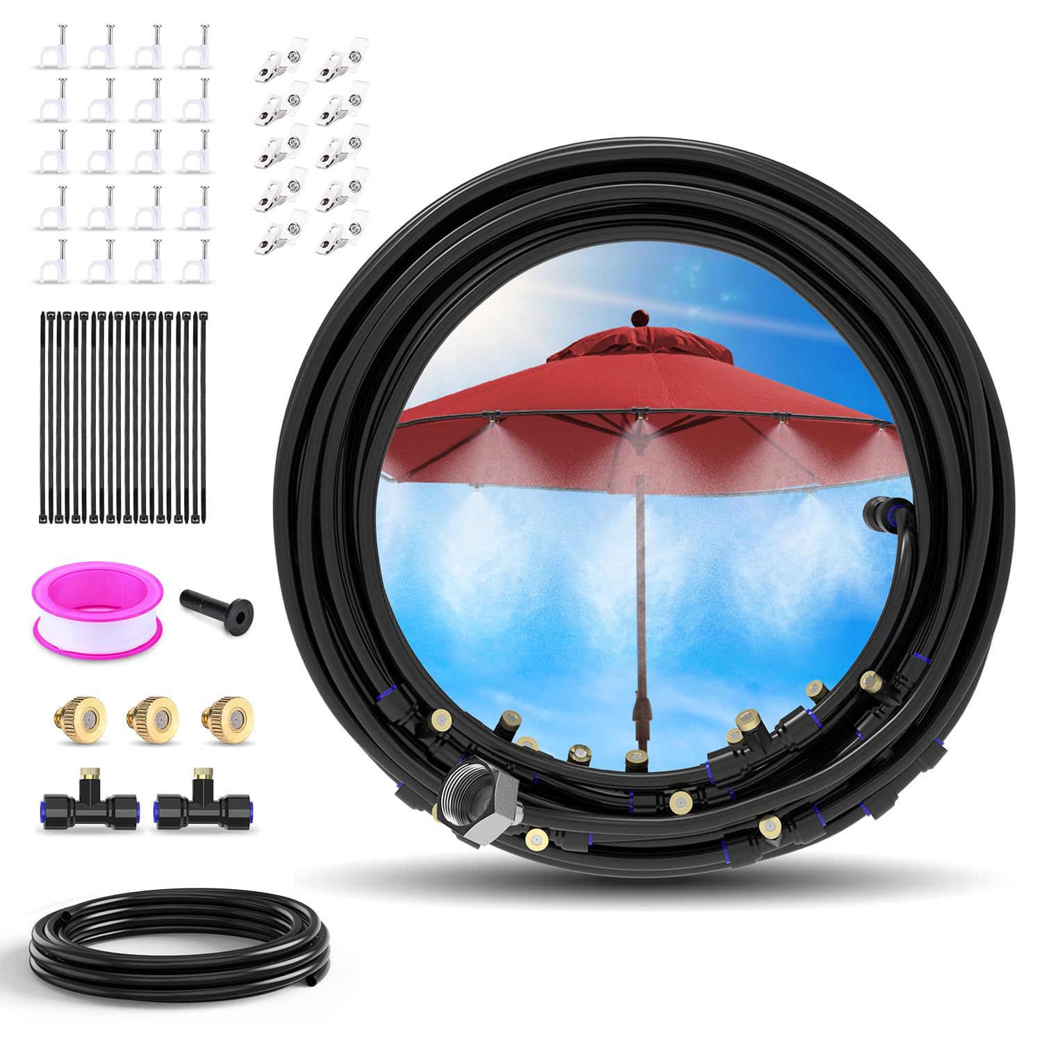 Sprühnebel Kühlung 59,05 FT (18M) + 13 FT (4M) Nebelleitung + 19 Nebeldüsen + ein Wasserhahnanschluss (3/4" und 1/2") für Garten,Sonnenschirme