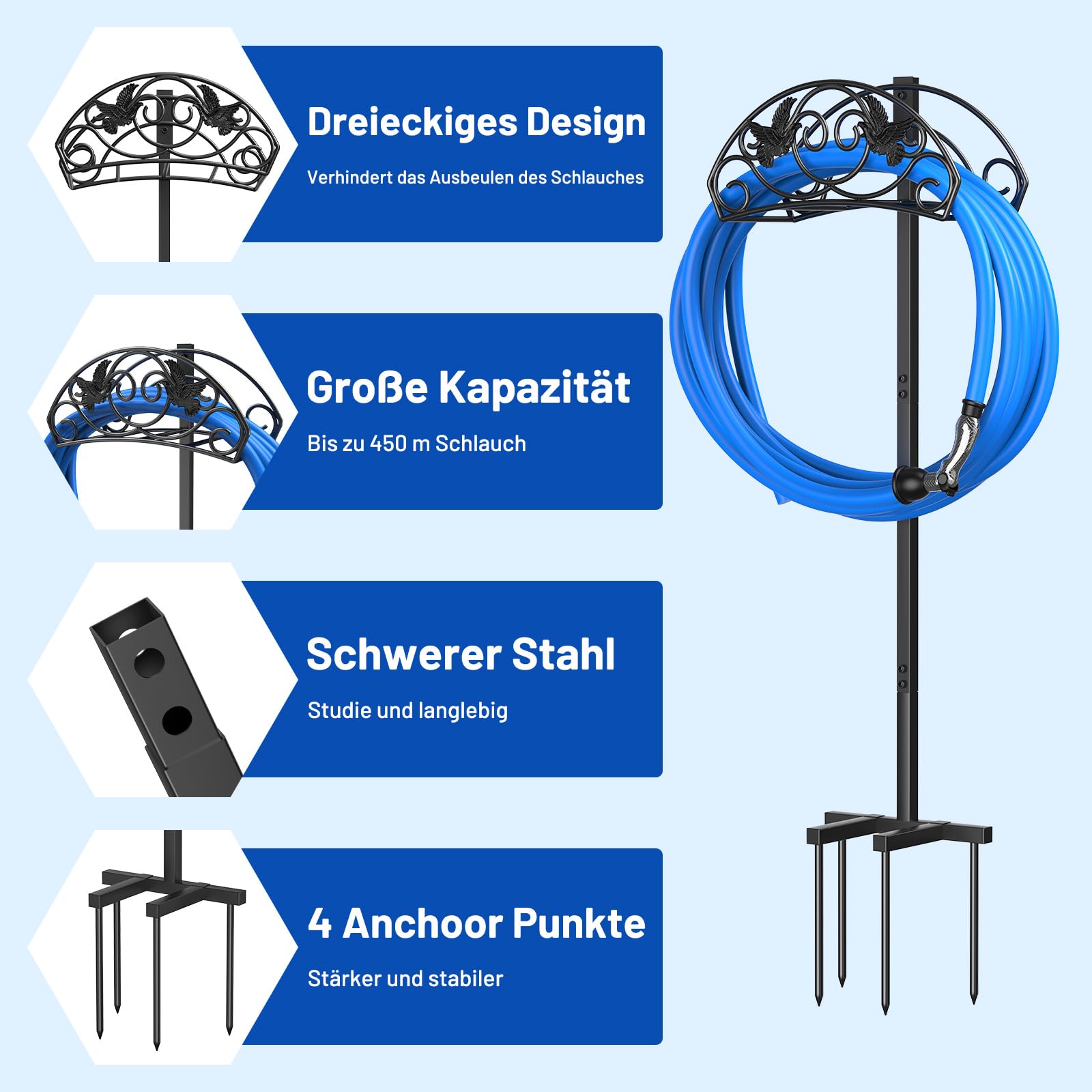 109.5CM Gartenschlauchhalter, Standfester Gartenrohrständer Vogelart Schlauchhalter Freistehend, Abnehmbarer Metall Wasserschlauch Ständer Schlauchständer für Hof Rasenplatz