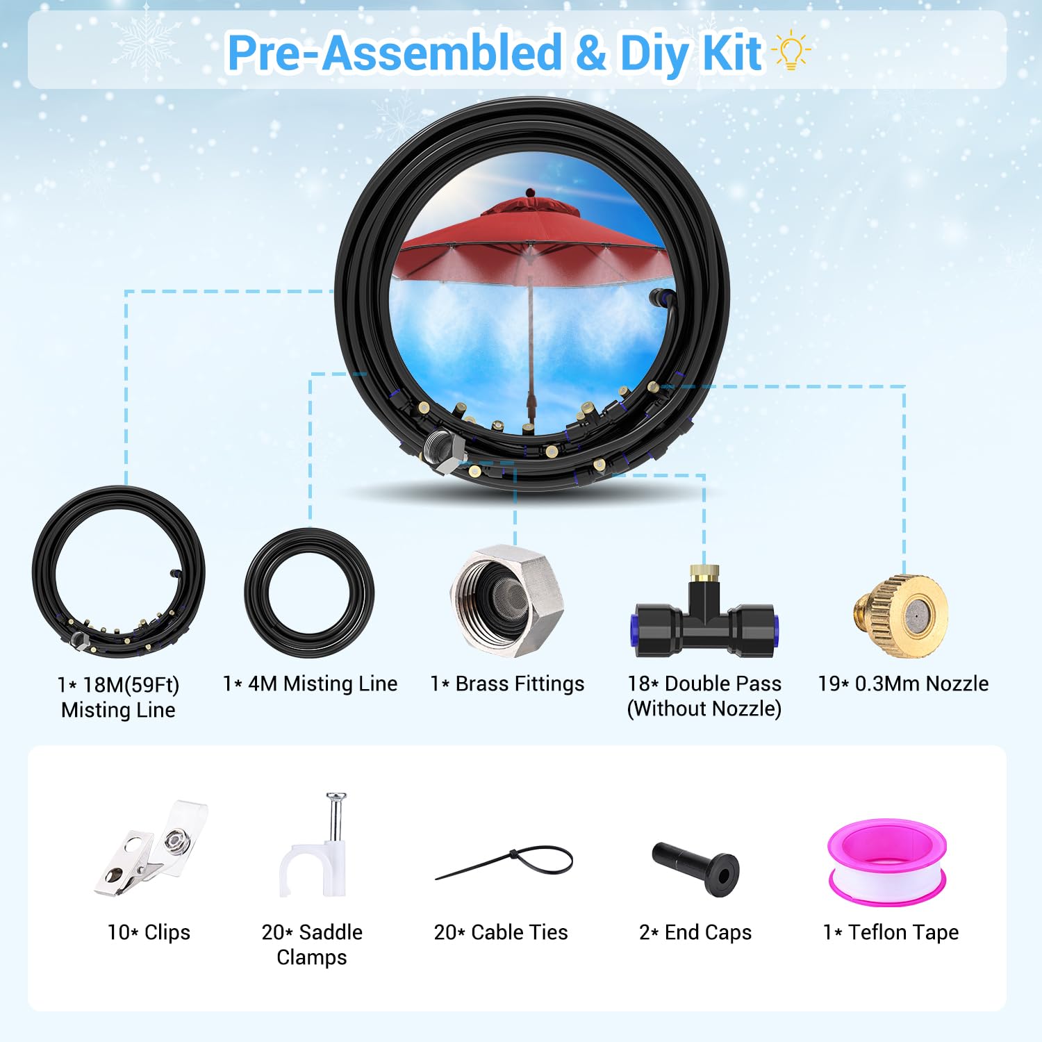 Sprühnebel Kühlung 59,05 FT (18M) + 13 FT (4M) Nebelleitung + 19 Nebeldüsen + ein Wasserhahnanschluss (3/4" und 1/2") für Garten,Sonnenschirme