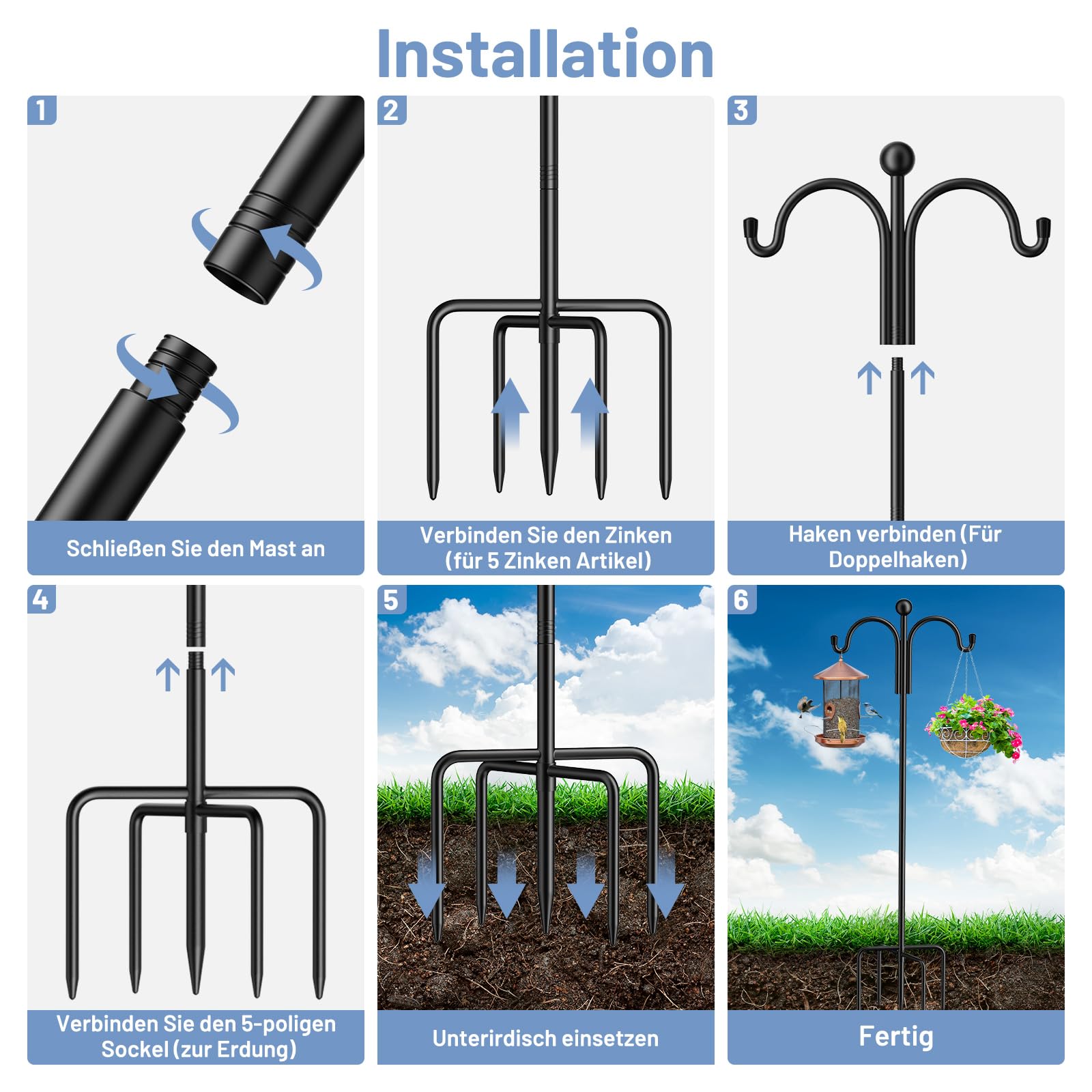 Garden Schäferhaken 2 Stück 193cm Mit Heavy Duty Rust Resistant Haken 5 Prong Base Shepherds Crook Hook für Pflanzenkörben, Laternen, Hochzeitsdekoration