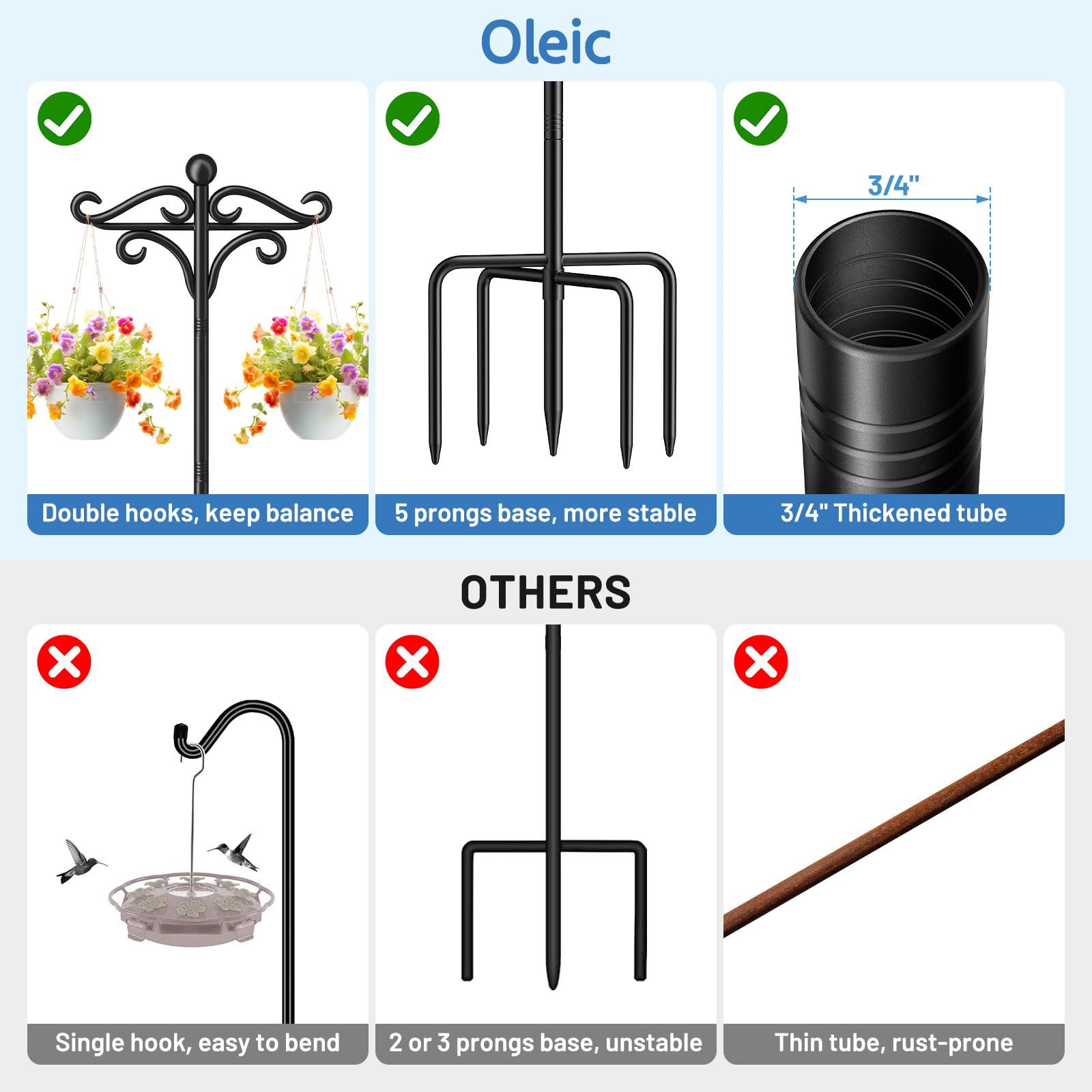 2 Pack 193CM-Schäferhaken mit 5-Zinken-Basis,Doppelter Hirtenhaken, verstellbare, robuste Vogelfutterstation-Aufhänger zum Aufhängen von Vogelfutterstation, Pflanze, Laterne im Freien