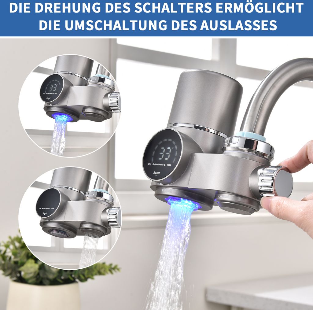 AiHom Wasserfilter für Wasserhahn mit Blaulicht-Sterilisation, Wasserfilter für Standard-Wasserhähne mit 2 Pack Wasserfilter Cartridges