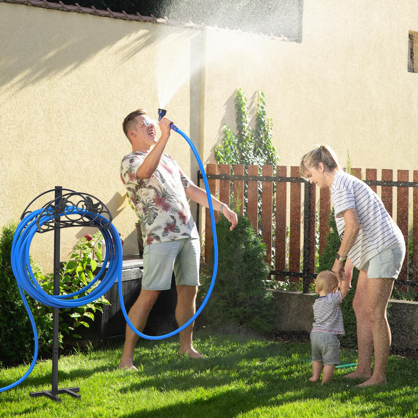 109.5CM Gartenschlauchhalter, Standfester Gartenrohrständer Vogelart Schlauchhalter Freistehend, Abnehmbarer Metall Wasserschlauch Ständer Schlauchständer für Hof Rasenplatz