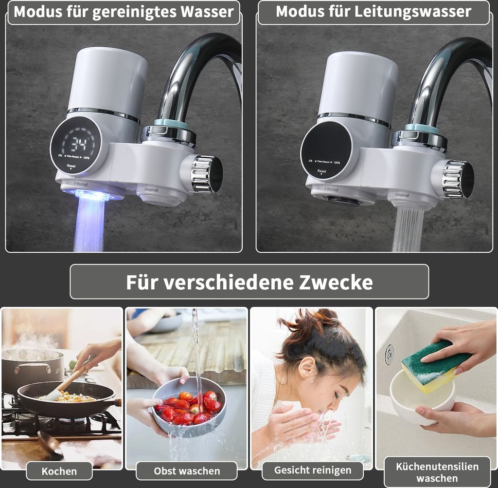 AiHom Wasserfilter für Wasserhahn mit Blaulicht-Sterilisation, Wasserfilter für Standard-Wasserhähne mit 2 Pack Wasserfilter Cartridges