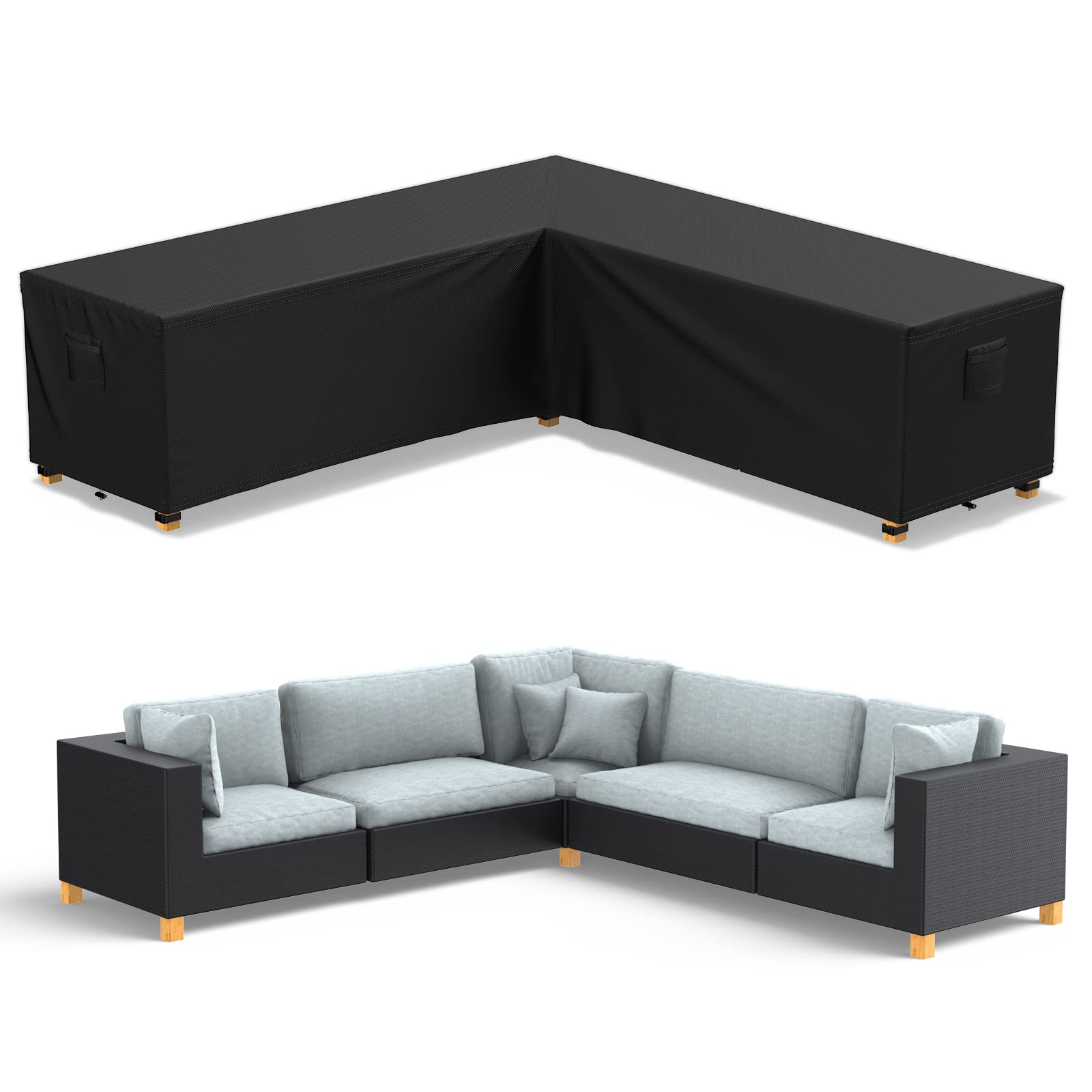 L-förmige Abdeckung Gartenmöbel 222x286x82x80cm, 600D Lounge Abdeckung l-form Wasserdicht mit Belüftung, Schutzhülle Gartenmöbel für Rattan Ecksofa Abdeckung mit Schnallen, Kordeln