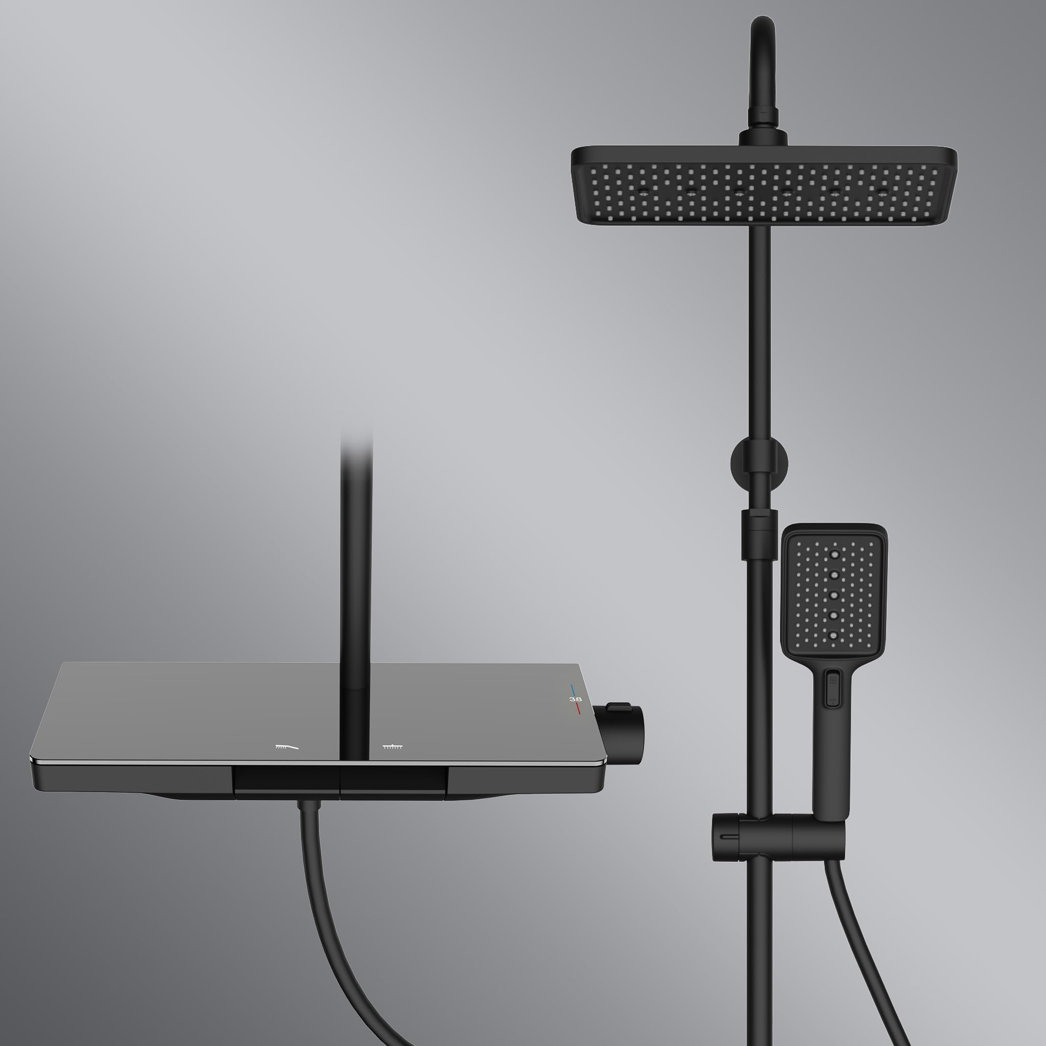 HOMELODY Duschsystem mit Thermostat und Glasablage 40 x 18 CM, Duscharmatur mit Thermostat und 28x18 CM Kopfbrause, Kann in das Originalloch eingebaut werden