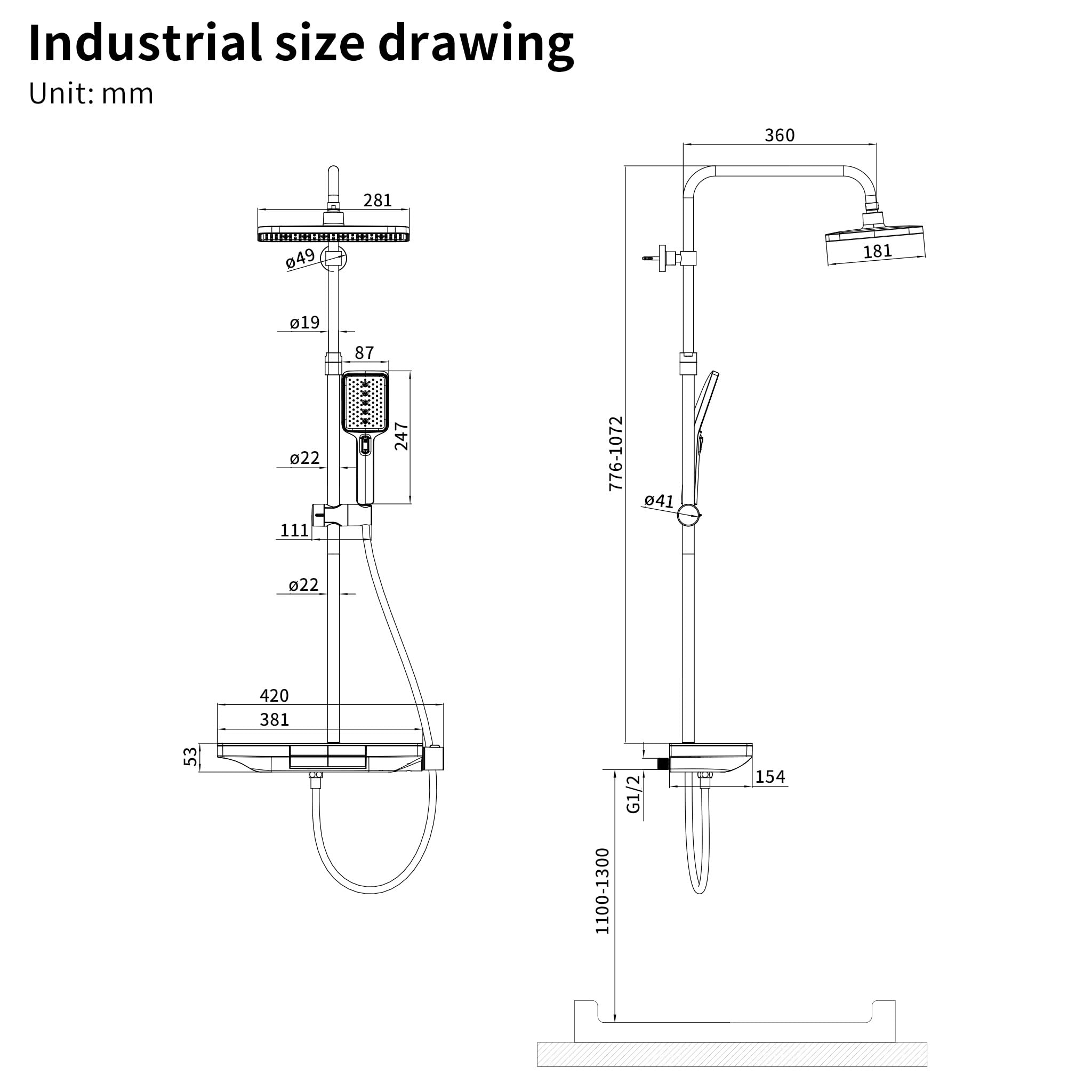 HOMELODY Duschsystem mit Thermostat und Glasablage 40 x 18 CM, Duscharmatur mit Thermostat und 28x18 CM Kopfbrause, Kann in das Originalloch eingebaut werden