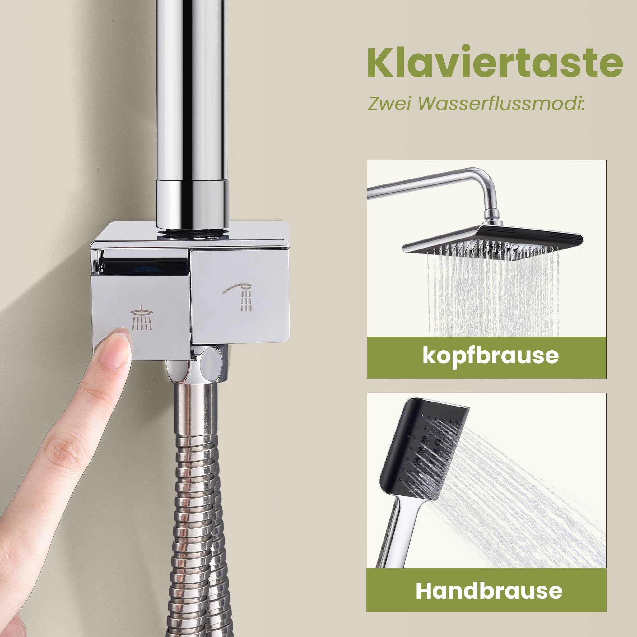 HOMELODY Duschsystem Duschsäule mit Mischbatterie mit Piano-Knopf-Wassertrennschalter, 2 Strahlart(en), quadratischem Duschkopf, Handbrause mit Selbstreinigungsfunktion